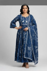 3 Piece Cotton printed Suit in Indigo Blue color with embroidery