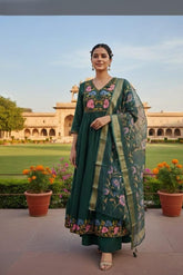 3 Piece Suit in Dark green color with embroidery