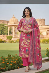 3 Piece printed suit in Magenta color with embroidery