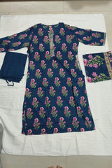 3 Piece Printed suit in Dark Blue color with embroidery and side pockets