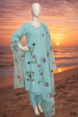 3 Piece Mul Cotton Set in Sky blue color with Hand Painting