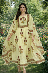 Yellow Block Printed Anarkali 3-Piece Suit Set