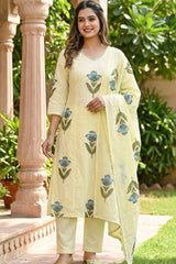 3 Piece Set in Lemon Yellow color with Block printing in Gray color