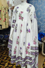 3 Piece Angarkha suit in White Color with Hand Block print