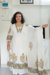 White A line Cotton Suit with Block Print in Yellow & Olive Green