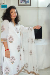 White with Grey & Mustard Yellow Floral 3-piece Straight Cotton Suit