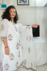 White with Grey & Mustard Yellow Floral 3-piece Straight Cotton Suit