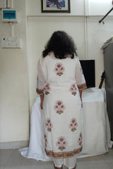 White with Grey & Mustard Yellow Floral 3-piece Straight Cotton Suit
