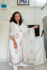 White & Pink Block Print 3-Piece Straight Cotton Suit