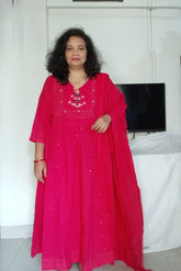 3-Piece Fuchsia Pink Anarkali Cotton Suit with Zardosi & Cutdana Work