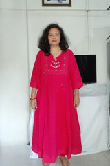 3-Piece Fuchsia Pink Anarkali Cotton Suit with Zardosi & Cutdana Work