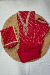 3 Piece unstitched Chiffon Material - Lehriya in Red color