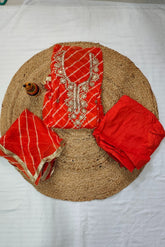 3 Piece unstitched Material - Lehriya in Orange color