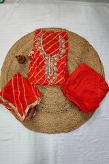 3 Piece unstitched Material - Lehriya in Orange color