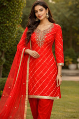 3 Piece unstitched Material - Lehriya in Orange color