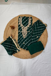 3 Piece unstitched Chiffon Material - Lehriya in Dark Green color