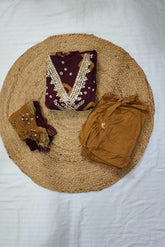 3-Piece Unstitched Cotton Bandhani Suit Material with Embroidered Neck