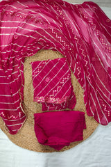 3-Piece Unstitched Lehriya Chiffon Suit Material with Embroidery in Magenta Pink color
