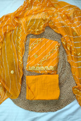 3-Piece Unstitched Leheriya Chiffon Suit Material with Embroidery in Marigold Yellow color