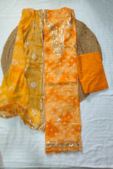3-Piece Unstitched Bandhej Cotton Suit Material with Chiffon Dupatta - Mango Yellow