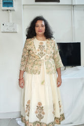 Ivory Cream Cotton Block Print Dress with Jacket