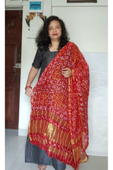 Bandhani Dupatta with Golden Jari palla in Dark Red color