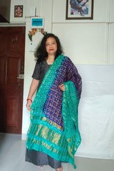 Bandhani Dupatta with Golden Jari palla in Blue and Green color