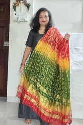 Bandhani Dupatta with Golden Jari palla in Dark Red, Yellow and Green color