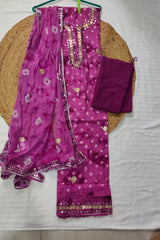 3-Piece Unstitched Bandhej Cotton Suit Material with Chiffon Dupatta - Mauve-Pink