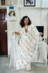 White Blended Bangalore Silk Kantha Saree