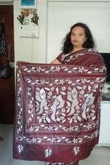 Deep Wine Brown Blended Bangalore Silk Kantha Saree