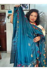 Deep Teal Blue Blended Bangalore Silk Kantha Saree