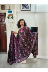 Deep Coffee Brown / Dark Chocolate Brown Blended Bangalore Silk Kantha Saree