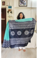 Aqua Blue with Dark Blue Pallu & Border Cotton Kantha Saree