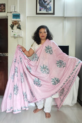 Soft Baby Pink with Sage Green Floral Kantha Embroidery on Khadi Cotton Saree
