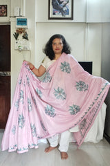 Soft Baby Pink with Sage Green Floral Kantha Embroidery on Khadi Cotton Saree