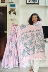 Soft Baby Pink with Sage Green Floral Kantha Embroidery on Khadi Cotton Saree