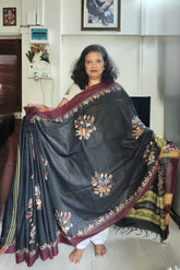 Charcoal Black with Maroon & Olive Green Accents Khadi Cotton Kantha Saree