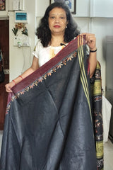 Charcoal Black with Maroon & Olive Green Accents Khadi Cotton Kantha Saree