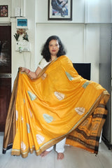 Mustard Yellow with Brown Border Khadi Cotton Kantha Saree