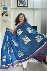 Indigo Blue with Purple Border Khadi Cotton Kantha Saree
