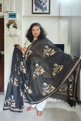 Black with Beige, White and Mustard Tribal Motifs on Cotton Khadi Kantha Saree
