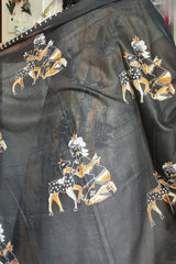 Black with Beige, White and Mustard Tribal Motifs on Cotton Khadi Kantha Saree