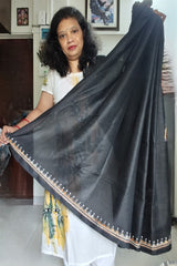 Black with Beige, White and Mustard Tribal Motifs on Cotton Khadi Kantha Saree