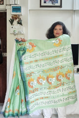 Pastel mint green handcrafted floral Kantha Khadi Cotton Saree