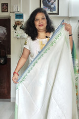 Pastel mint green handcrafted floral Kantha Khadi Cotton Saree