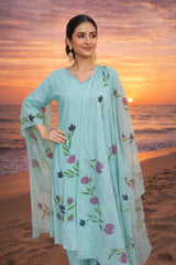 3 Piece Mul Cotton Set in Sky blue color with Hand Painting