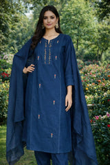 Rani Pink / Navy Blue Embroidered Cotton 3-Piece Suit Set