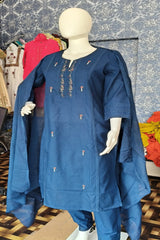 Rani Pink / Navy Blue Embroidered Cotton 3-Piece Suit Set