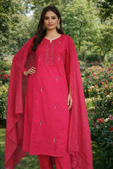 Rani Pink / Navy Blue Embroidered Cotton 3-Piece Suit Set